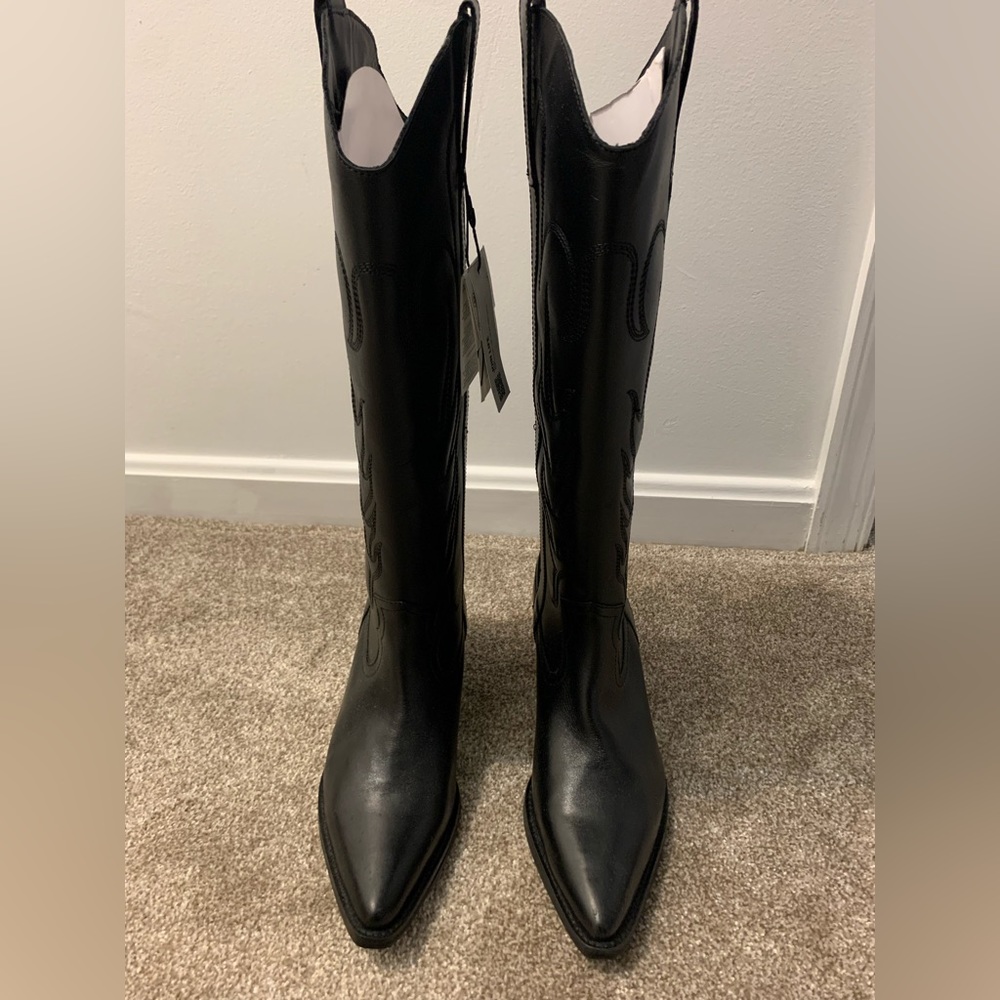 NEW Zara Sold Out Knee High Embroidered Leather Cowboy Boots (Size 8) - Picture 2 of 7